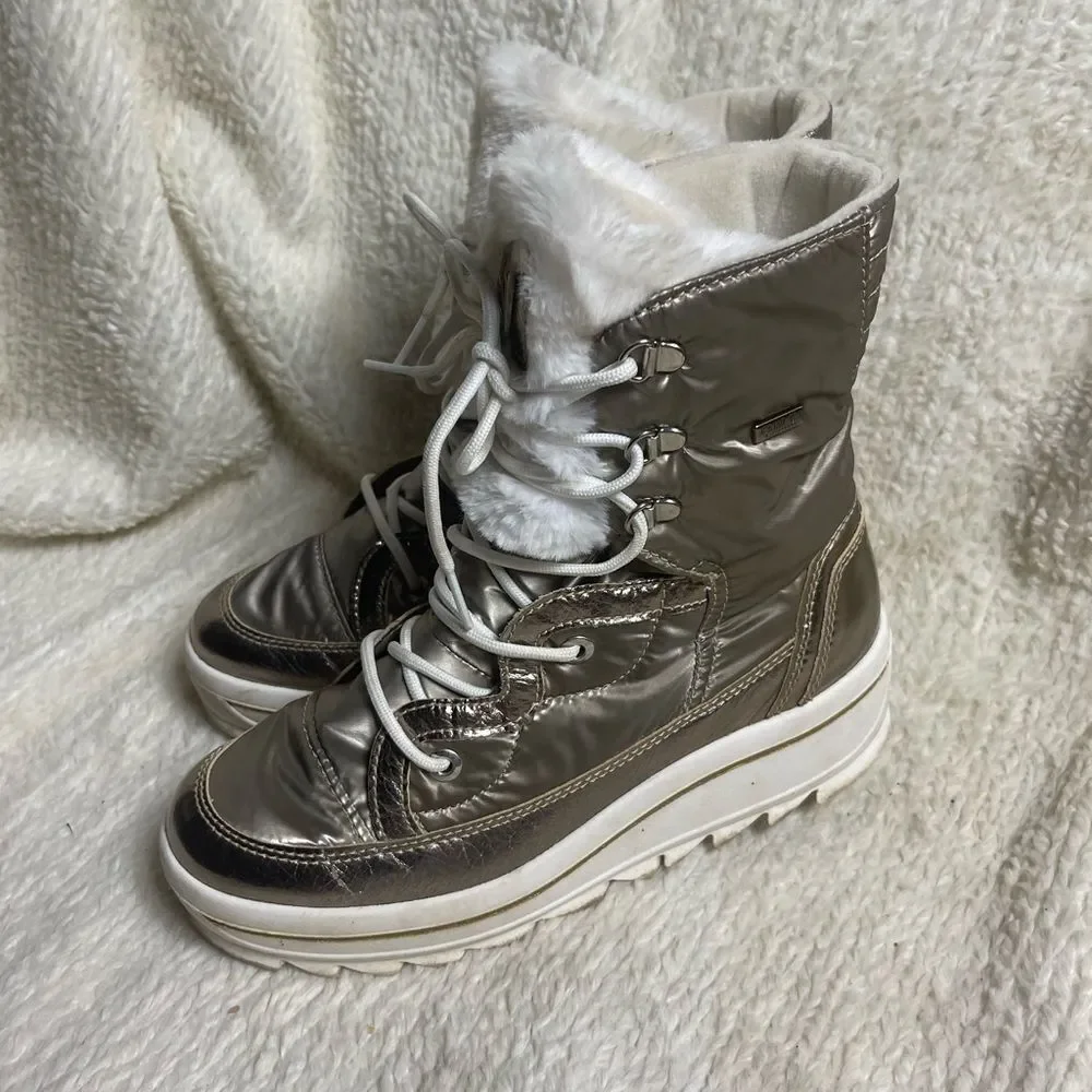 Pajar Women's. Synthetic Metallic gold lace up mid calf snow Boots SZ9.5
